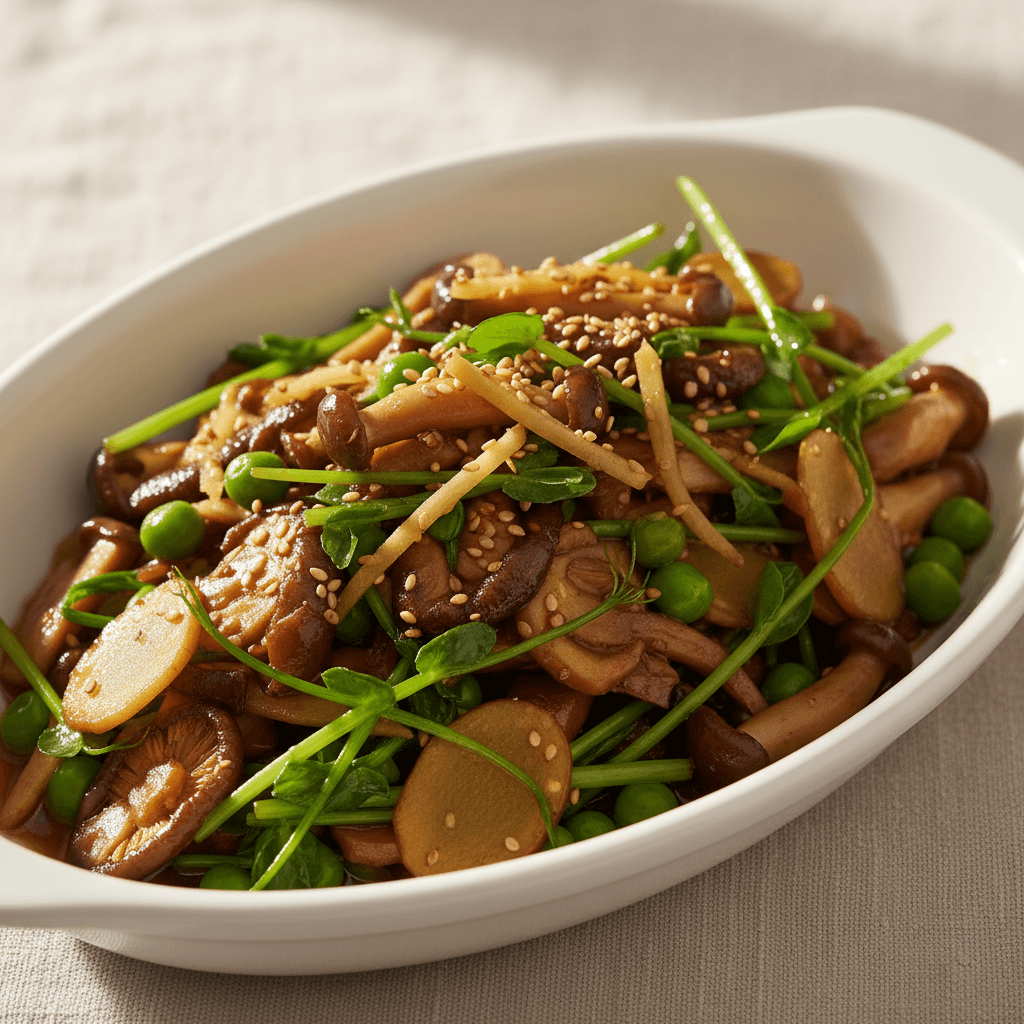 Malaysian-Inspired Ginger Mushroom Pea Shoots Stir-fry